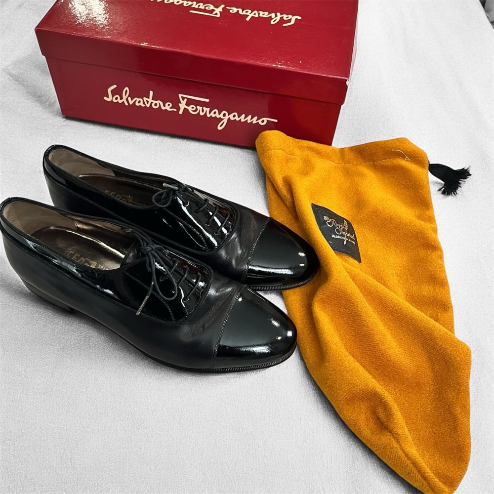 Salvatore Ferragamo Mens Black Italian Leather Denso Oxford Dress Shoes Size 7D